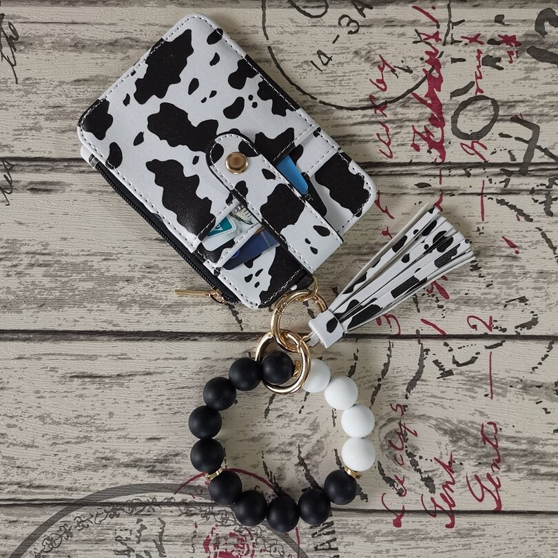 Wholesale Leopard Print Cow Print Western Style Card Holder Silicone Beaded Wrist Keychain